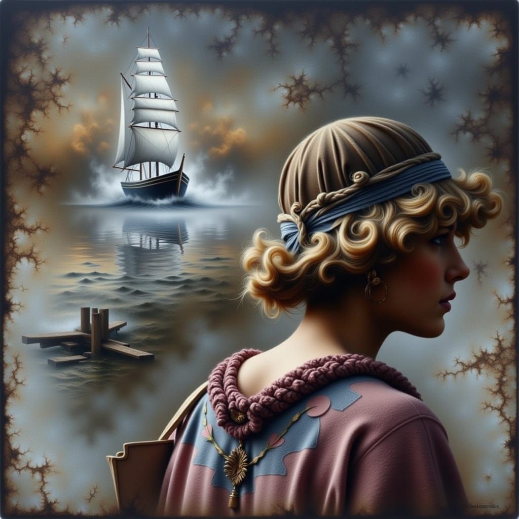 Sailboat on Waves in Distressed Watercolor Style