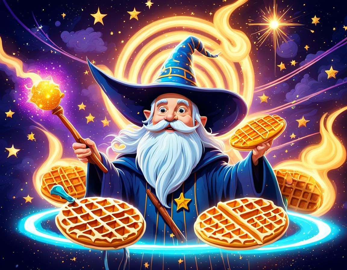 Whimsical Wizard with Waffles in Animated Style