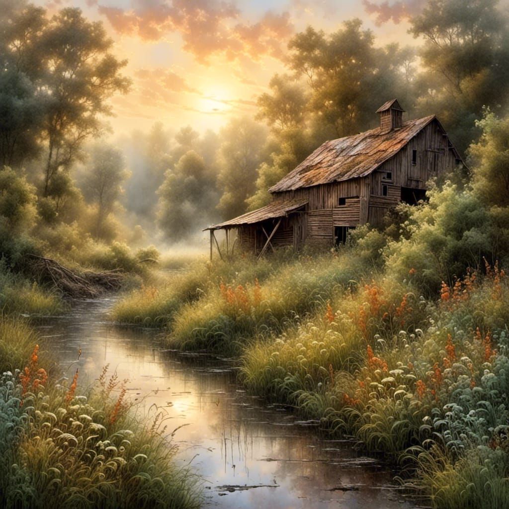 Idyllic Sunrise Scene in Watercolor and Ink