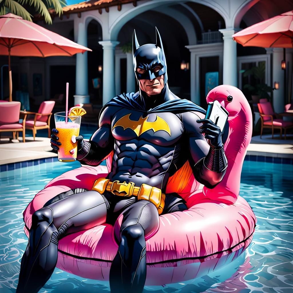 Batman on vacation in his Flamingo floatie, with a Mai Tai in one hand and a book in the other