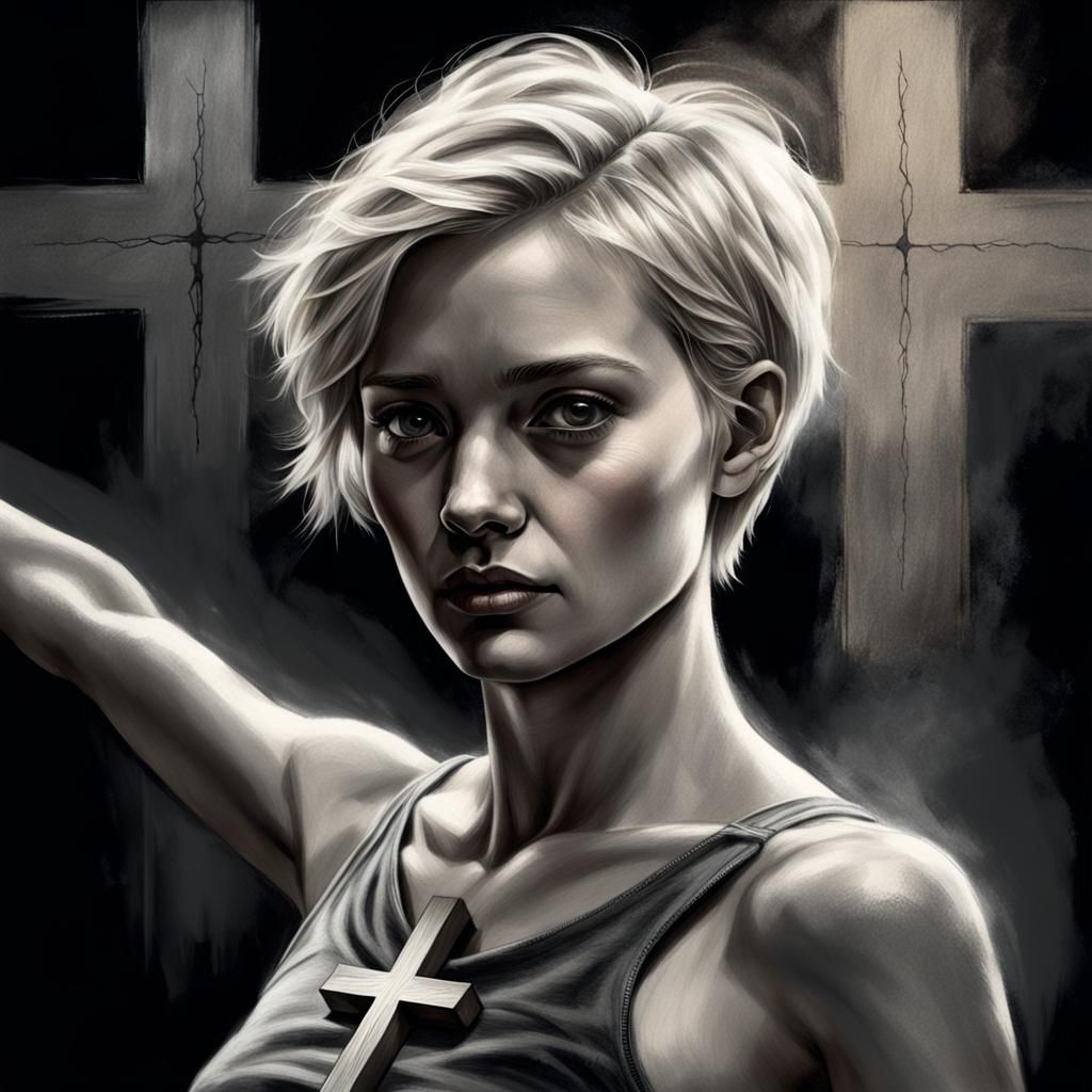 Dramatic Charcoal Portrait with Transhumanist Logo