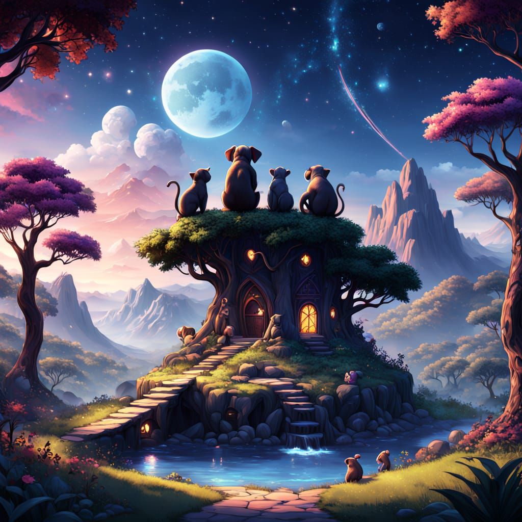 Whimsical Cartoon Landscape of Animal Couples in Love