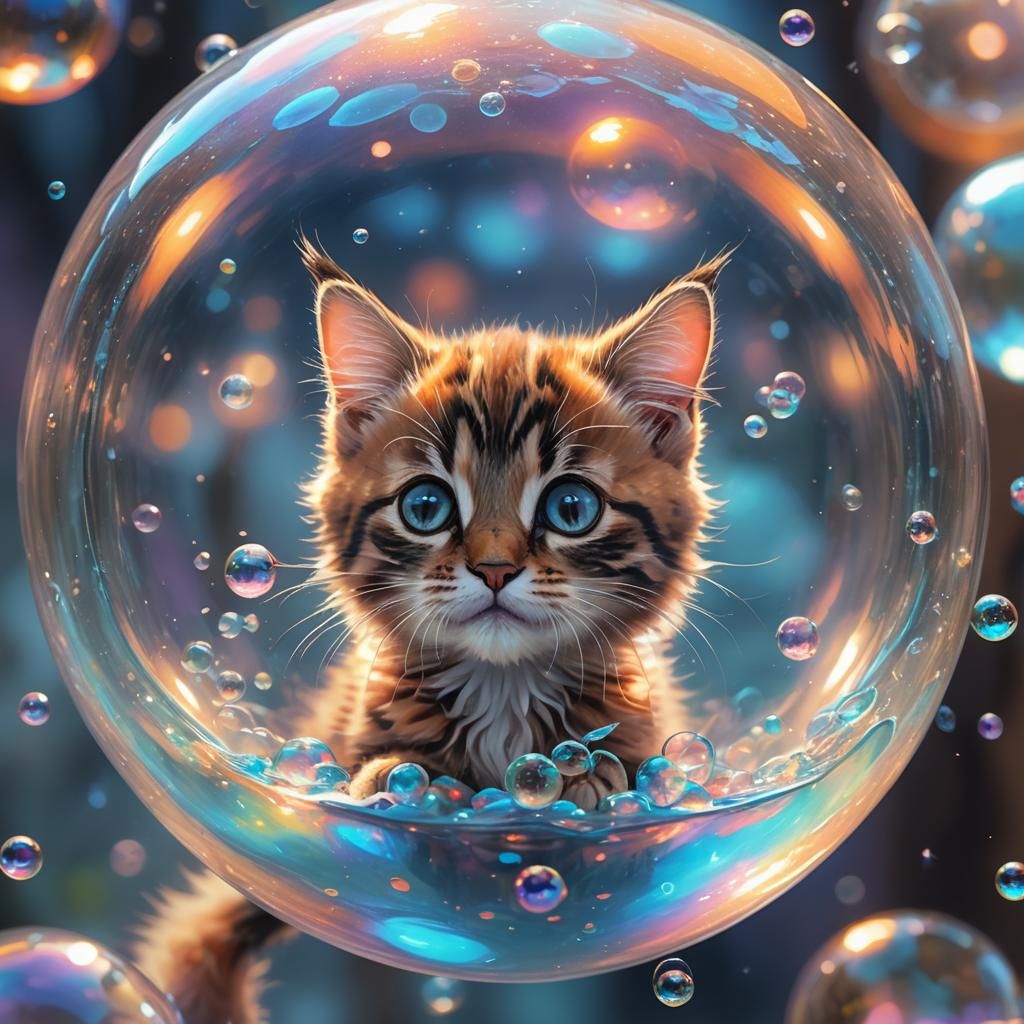 Kitten Inside Iridescent Bubble: Fantasy Concept Art