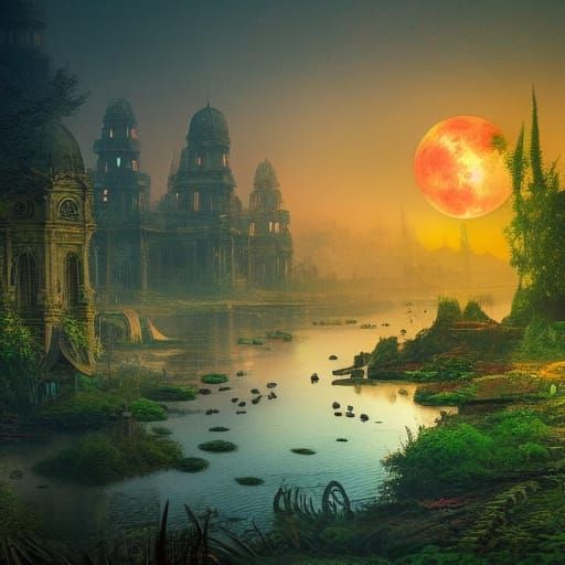 Glowing Plants Reclaim Ruined City by Blood Moon
