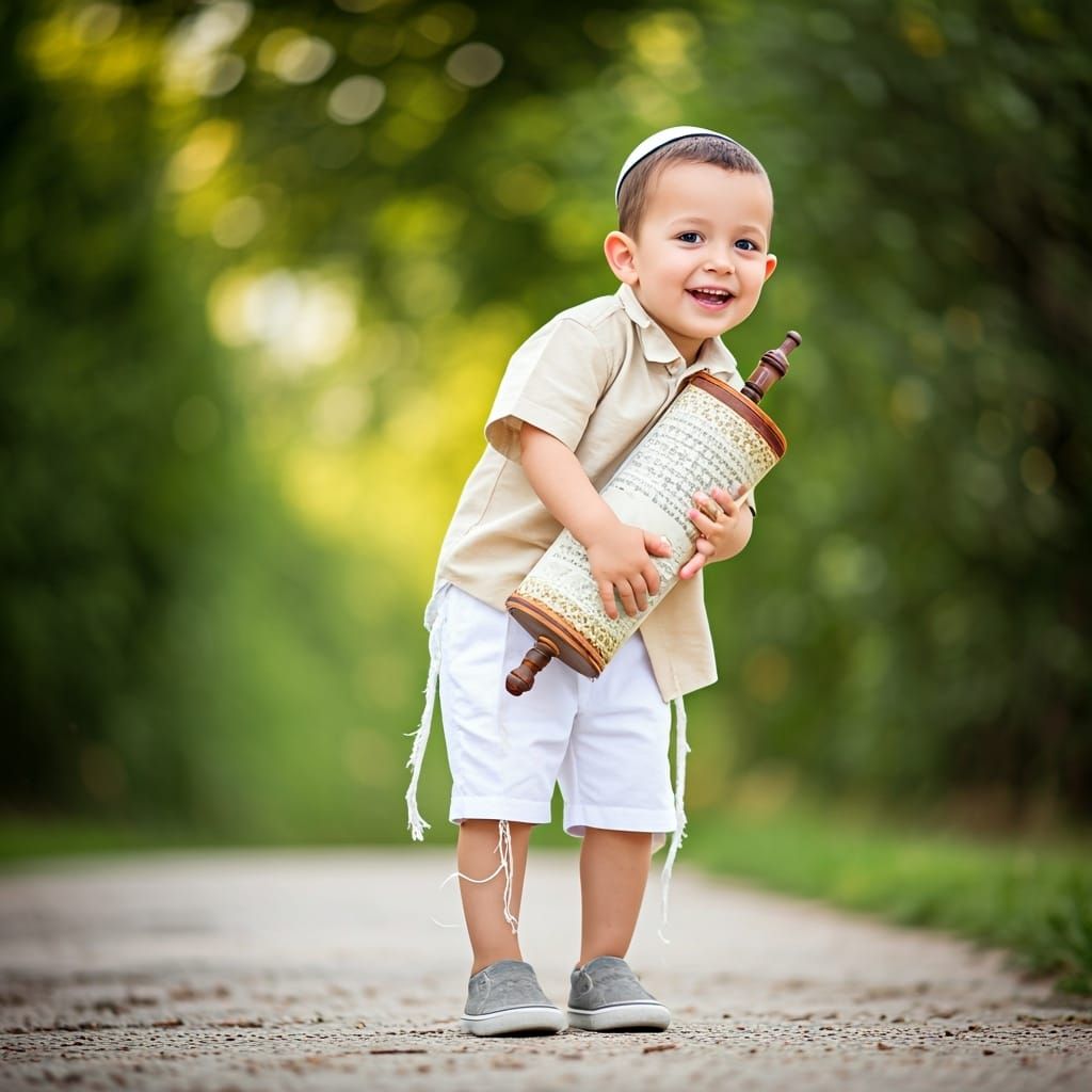 Joyful Boy Hugging Torah Scroll in Natural Light