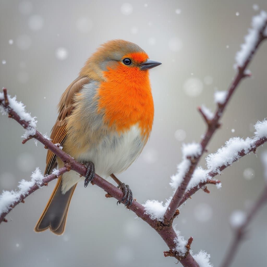 Orange Finch on Winter Branch, Painterly Wildlife Photograph...