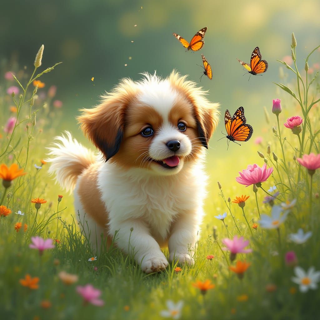 Japanese Chin Puppy in Meadow, Impressionist Painting