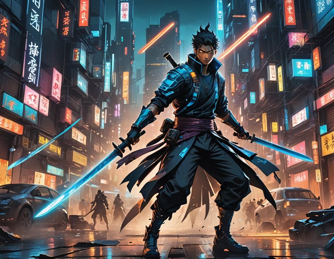 Cyberpunk Satoichi Mid-Slash with Glowing Katana