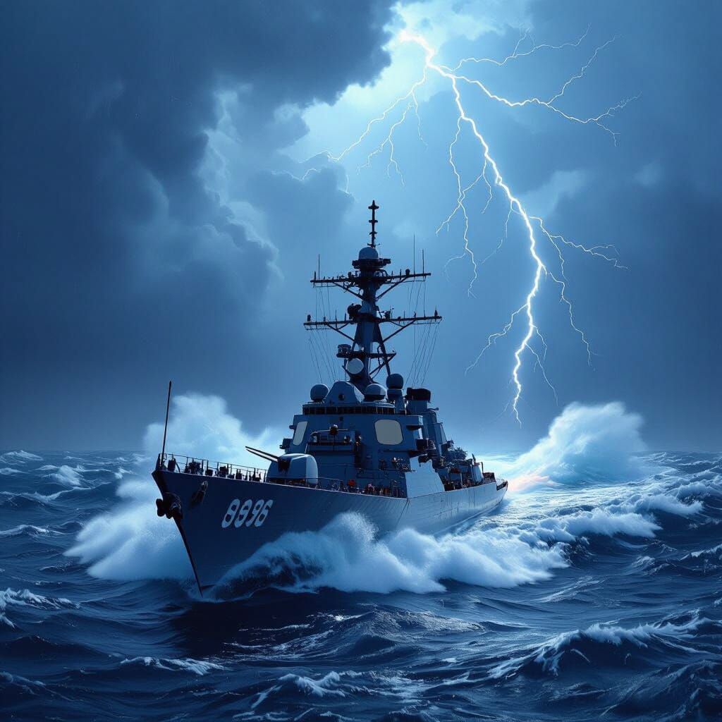 USS Chandler in a Stormy Sea, Dramatic Sci-Fi Art
