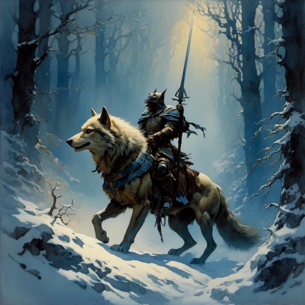 Goblin Knight Rides Wolf in Watercolor Style