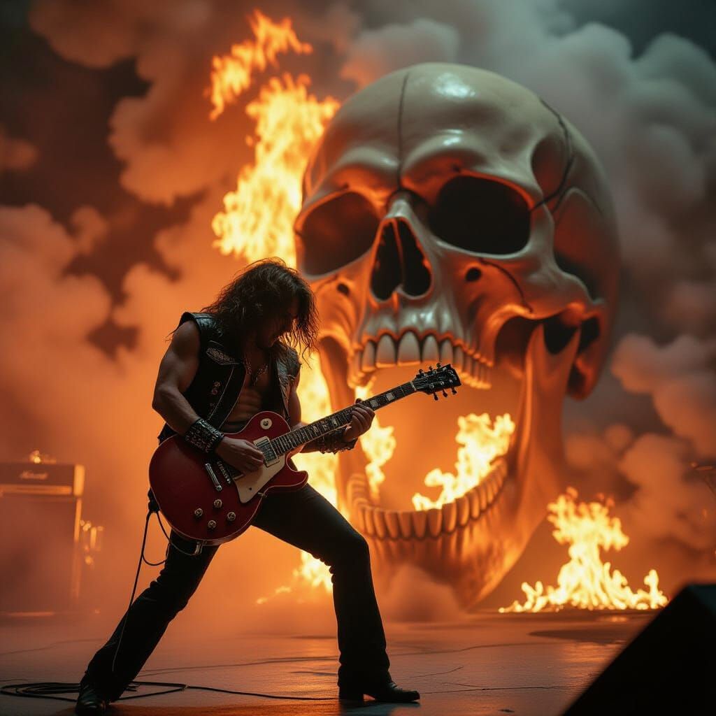 Rockstar Shreds Guitar Amidst Giant Skull Flames
