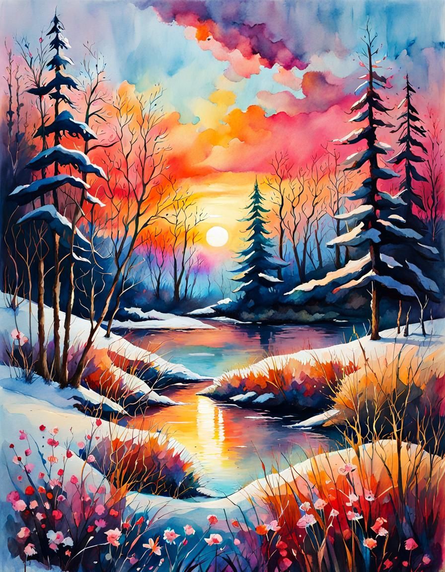 Winter Sunset: A Digital Watercolor Masterpiece