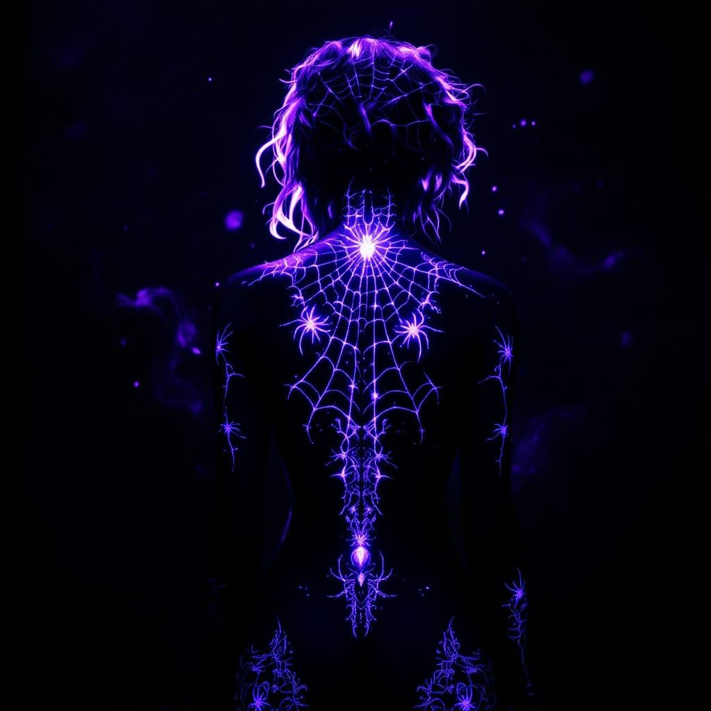 Gothic Woman Silhouette with Spiderweb Bodysuit and Rune Tat...