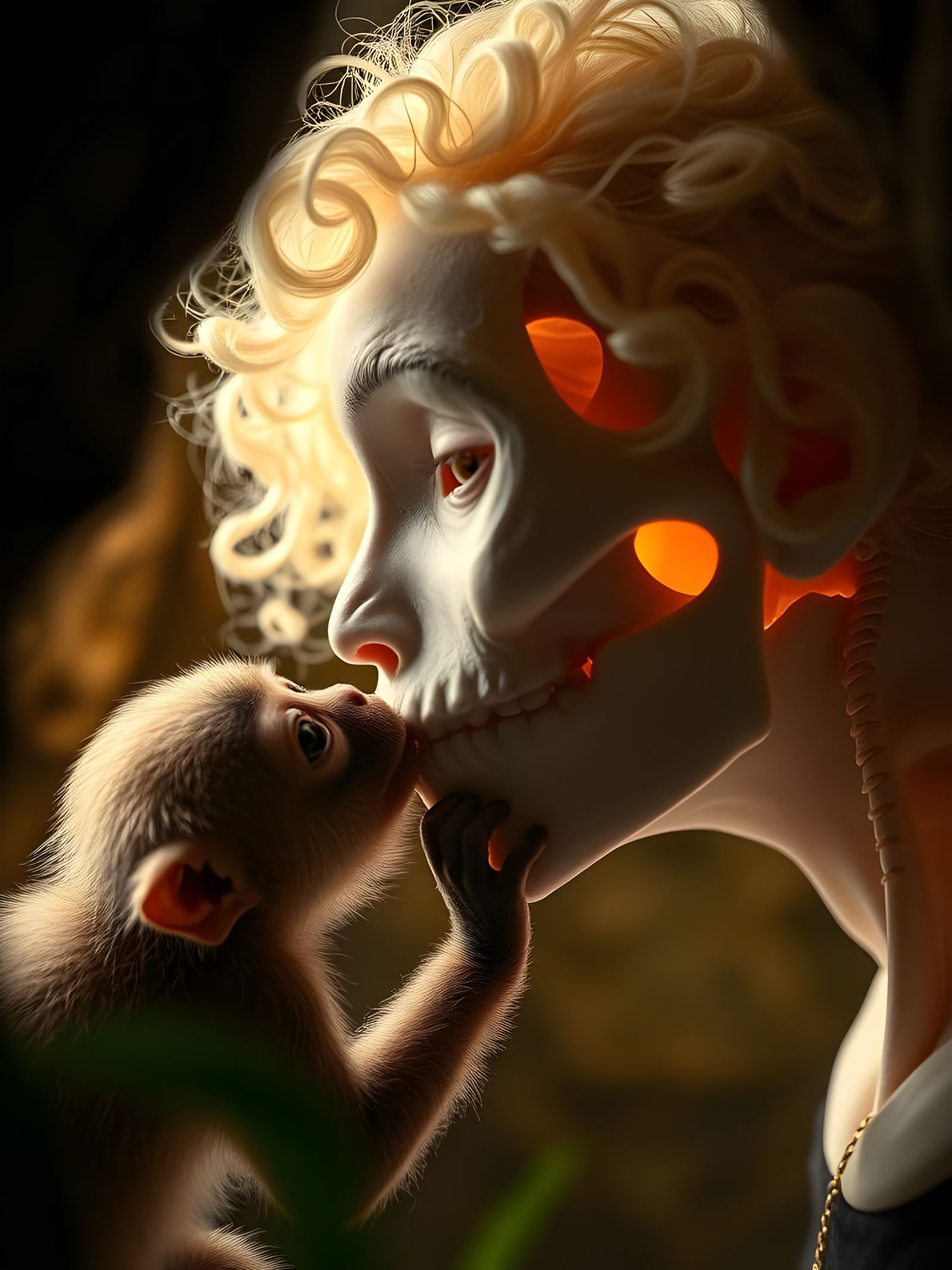 Albino Woman and Monkey in Jungle Cave Macro