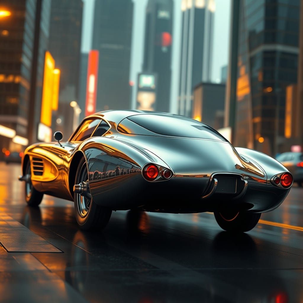 Sleek Retro-Futuristic Hover Car Speeds Across Neon Cityscap...
