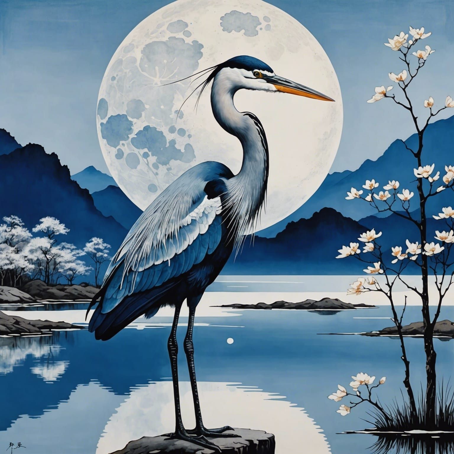 Heron in Mixed Media Chinese Ink Painting