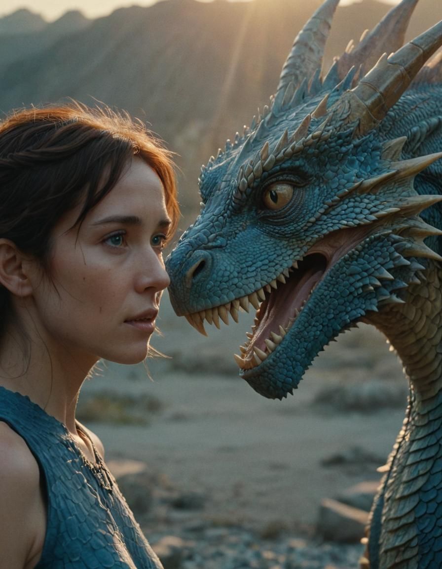 Blue Dragon Gazing at Woman in Cinematic Realism