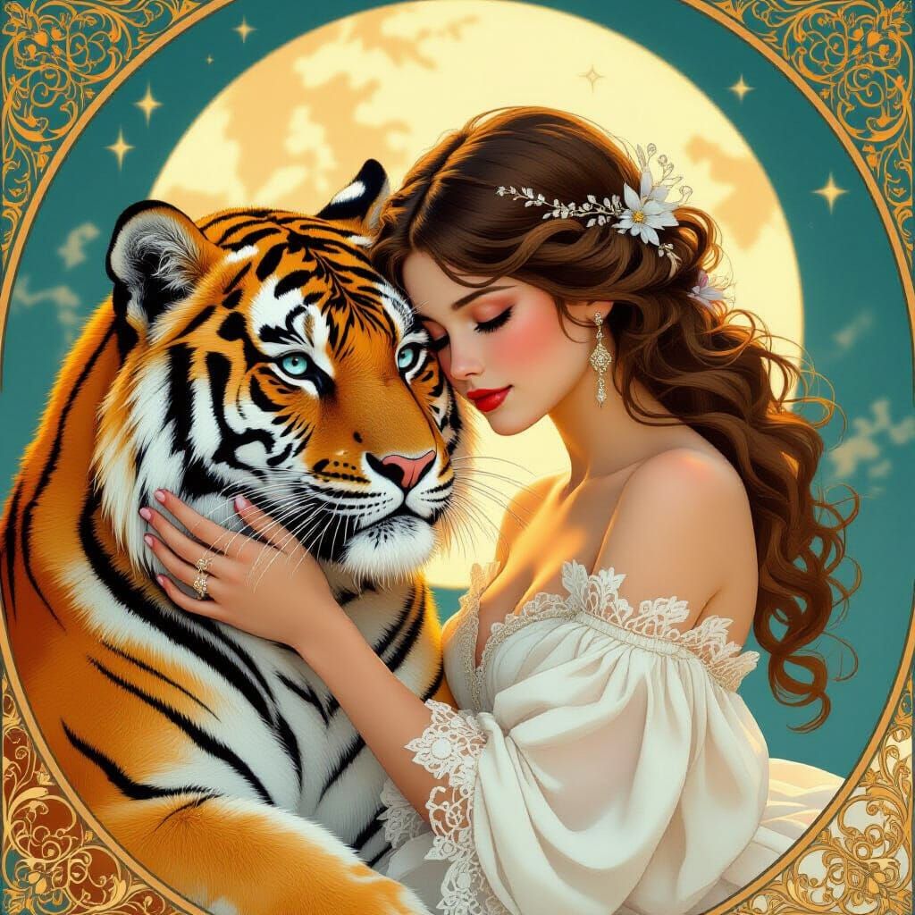 Girl and Tiger in Moonlight, Art Nouveau Style