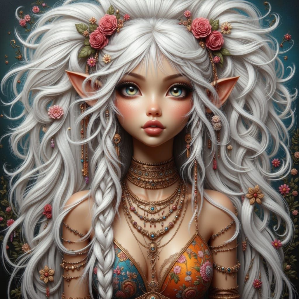 Whimsical Hippie Woman with Silver Hair as Oil Painting