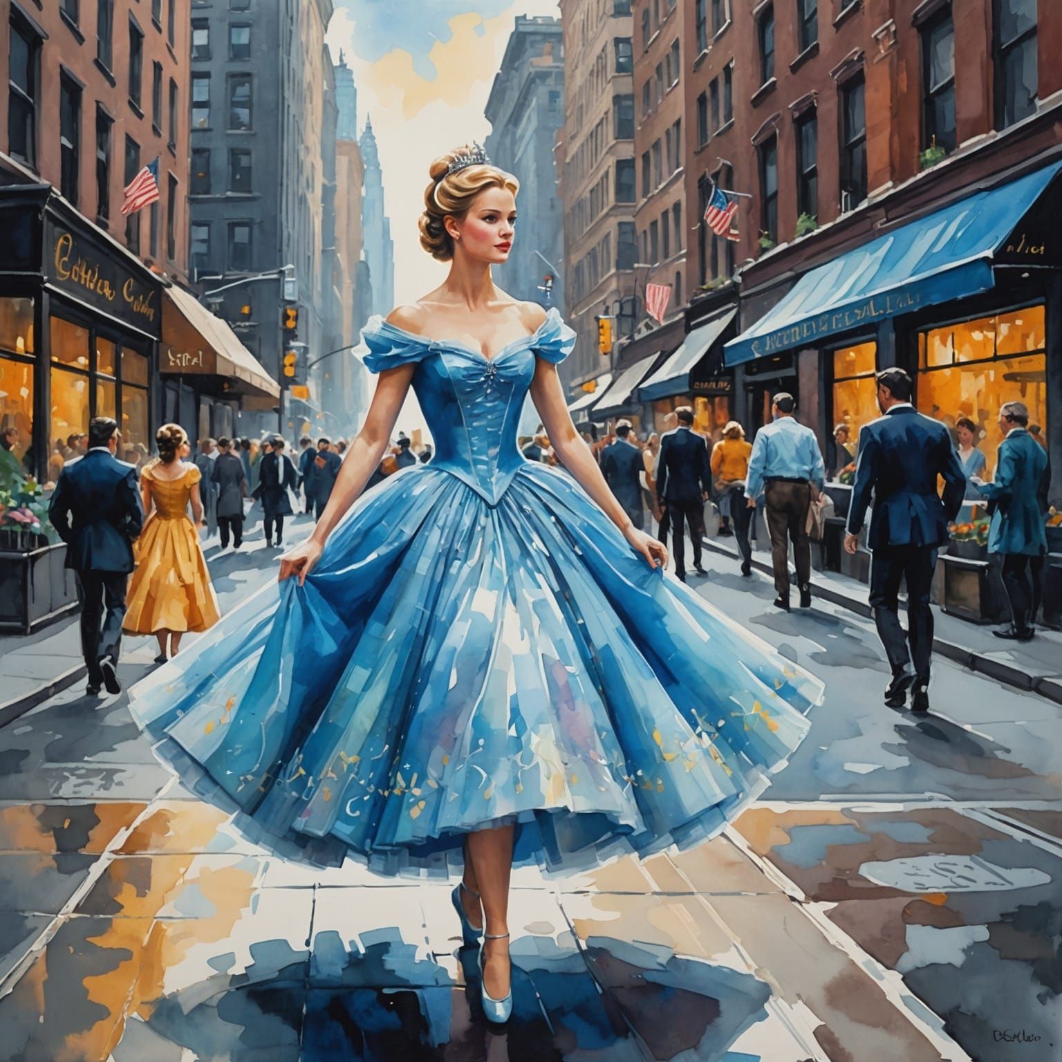 Cinderella in New York: Gouache Impressionist Painting