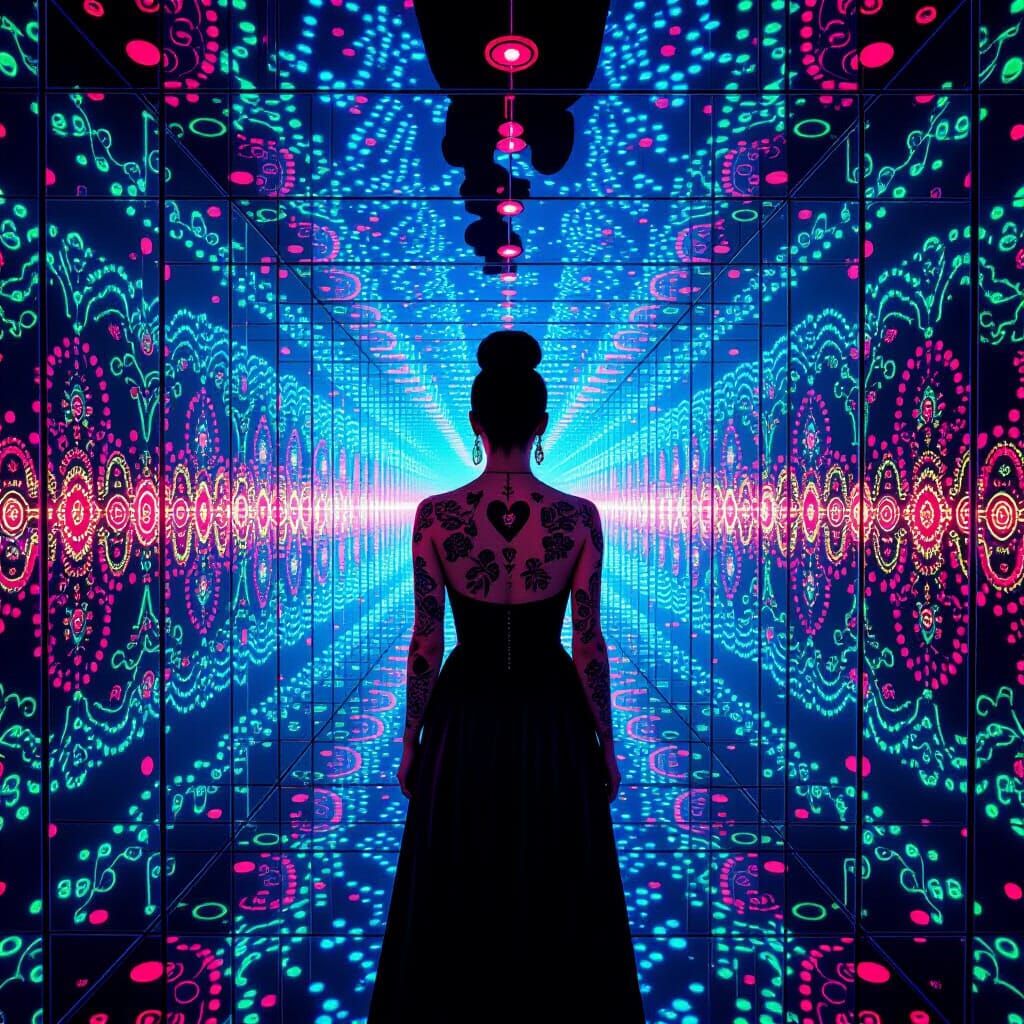Neon Tattooed Woman in Infinity Room