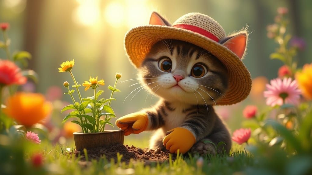 Pixar-Style Whimsical Garden Scene with Tabby Cat