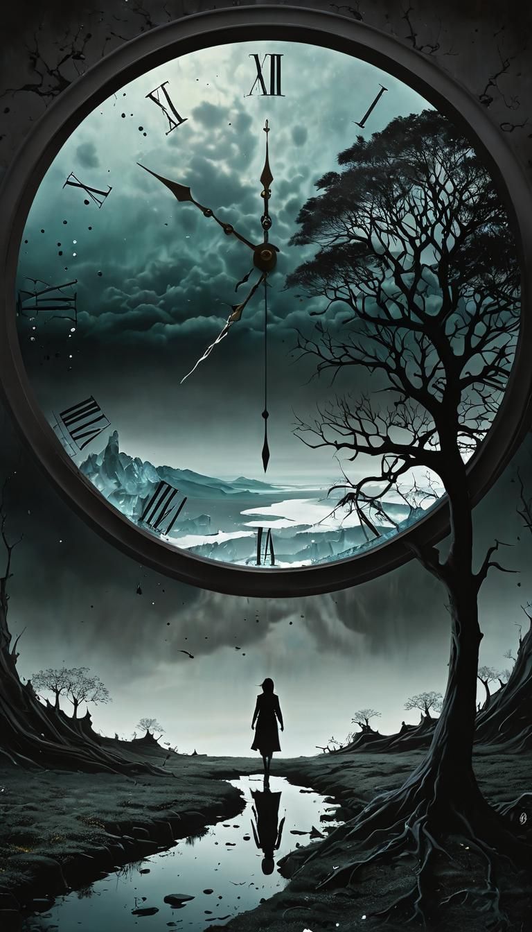 Surreal Clockworld with Cracked Time Circle and Silhouetted....