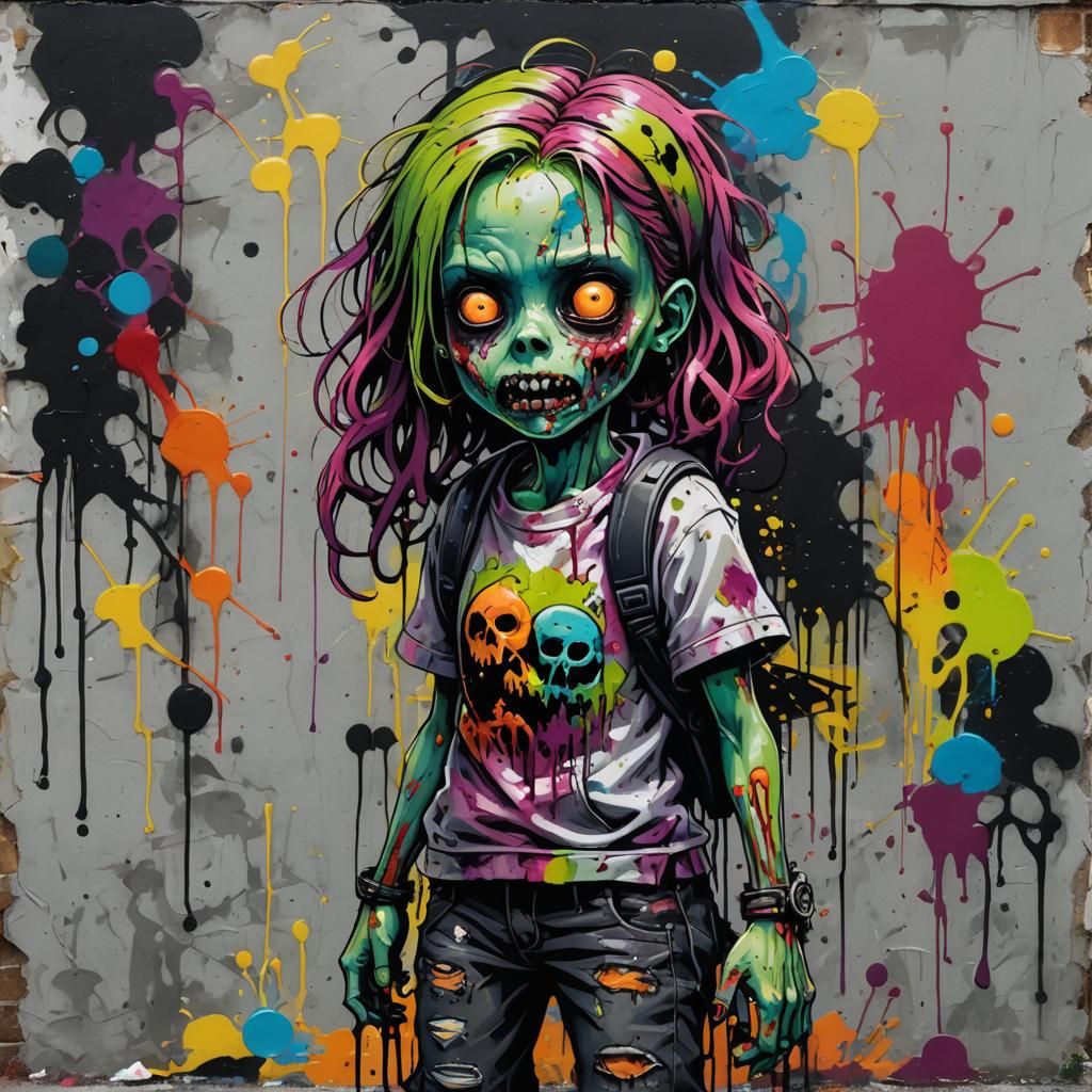 Cute Zombie Girl in Graffiti Street Art