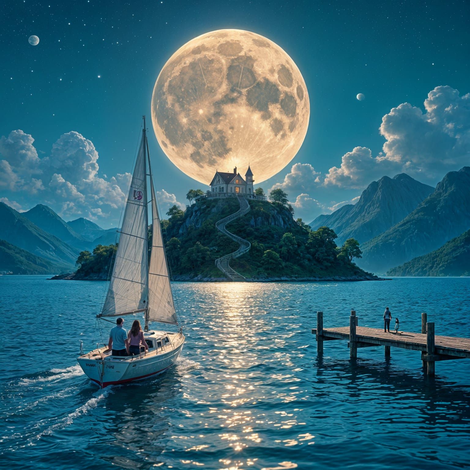 Moonlit Island Lake with Mountain House: Hyperrealistic Art