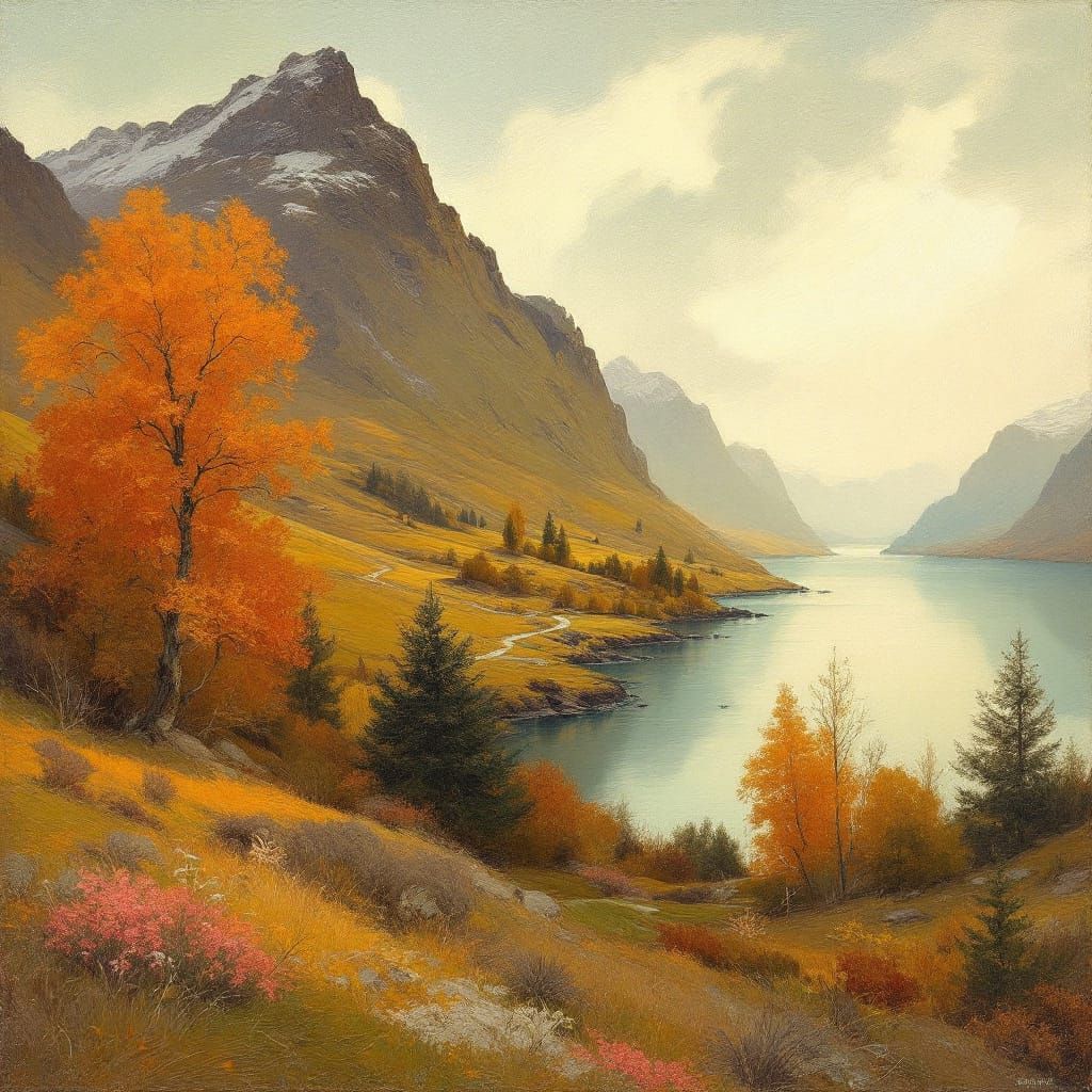 Serene Autumn Norwegian Fjord Landscape Oil Painting