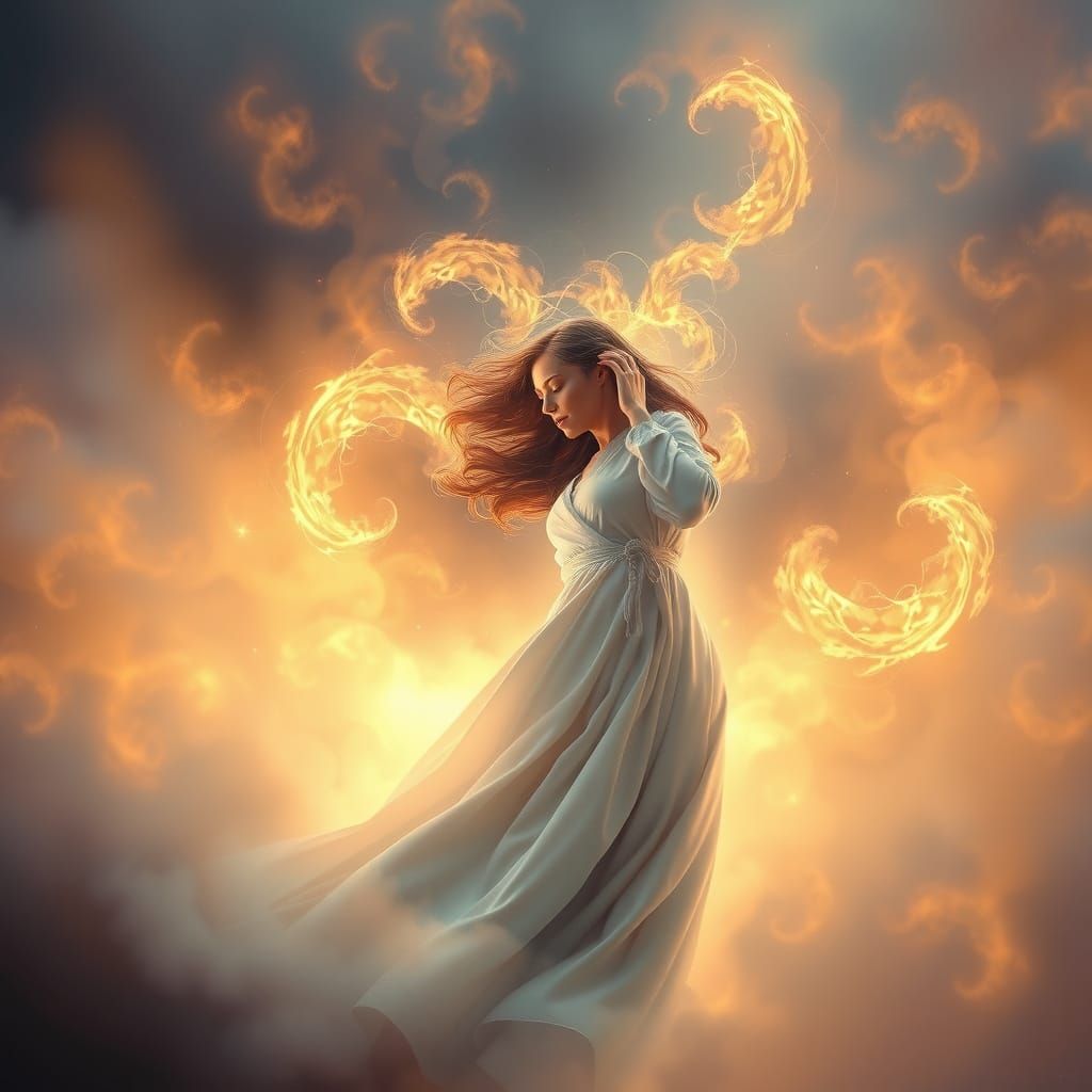 Woman's Self-Discovery Amidst Ethereal Mist and Aura