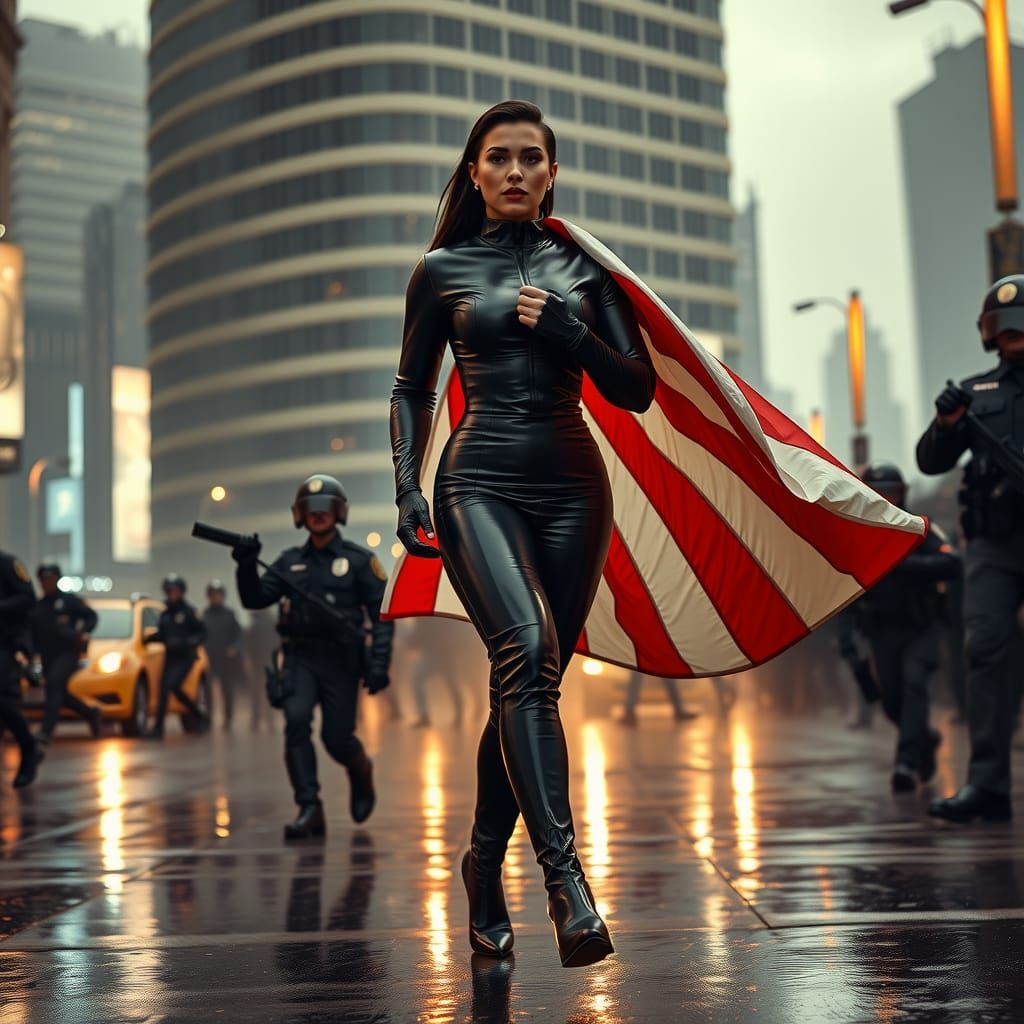 Woman in Latex Suit Amidst Riots