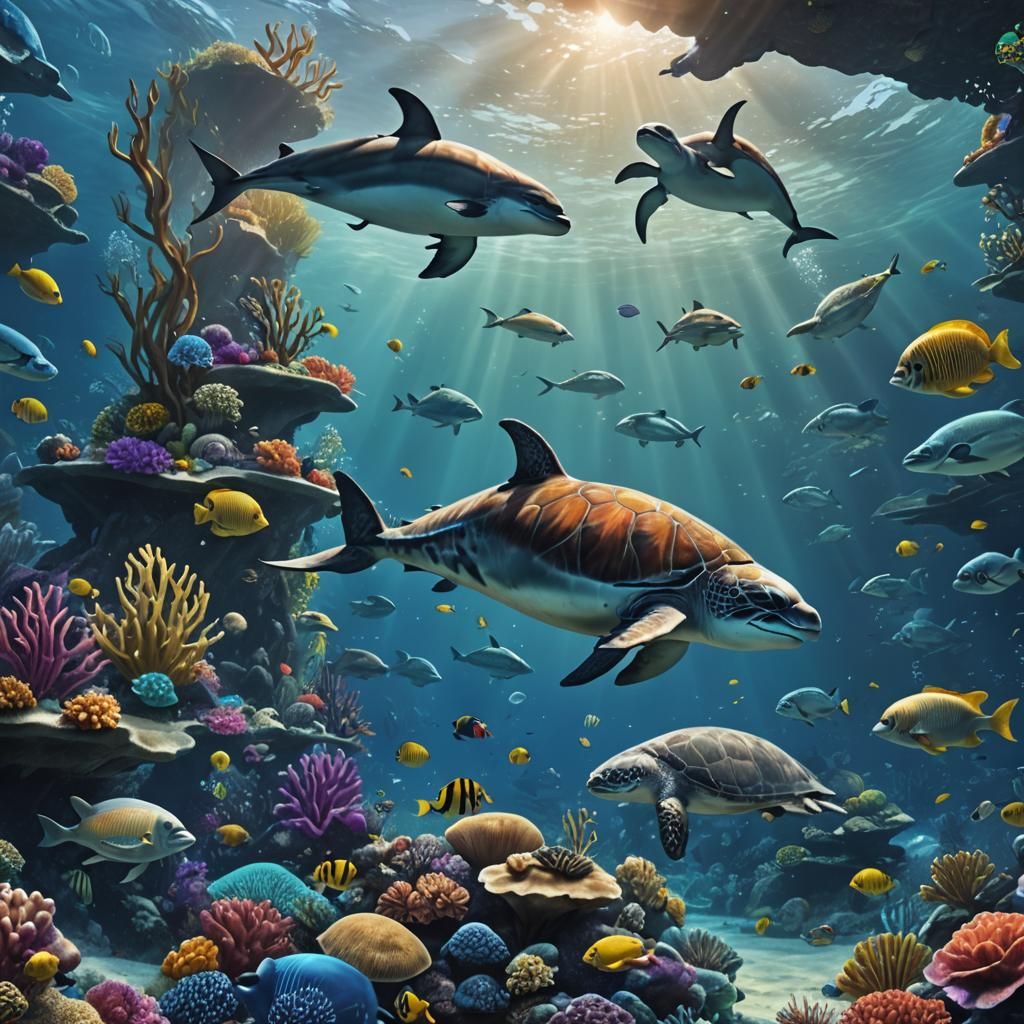 Underwater Seascape with Dolphins in Wyland Style