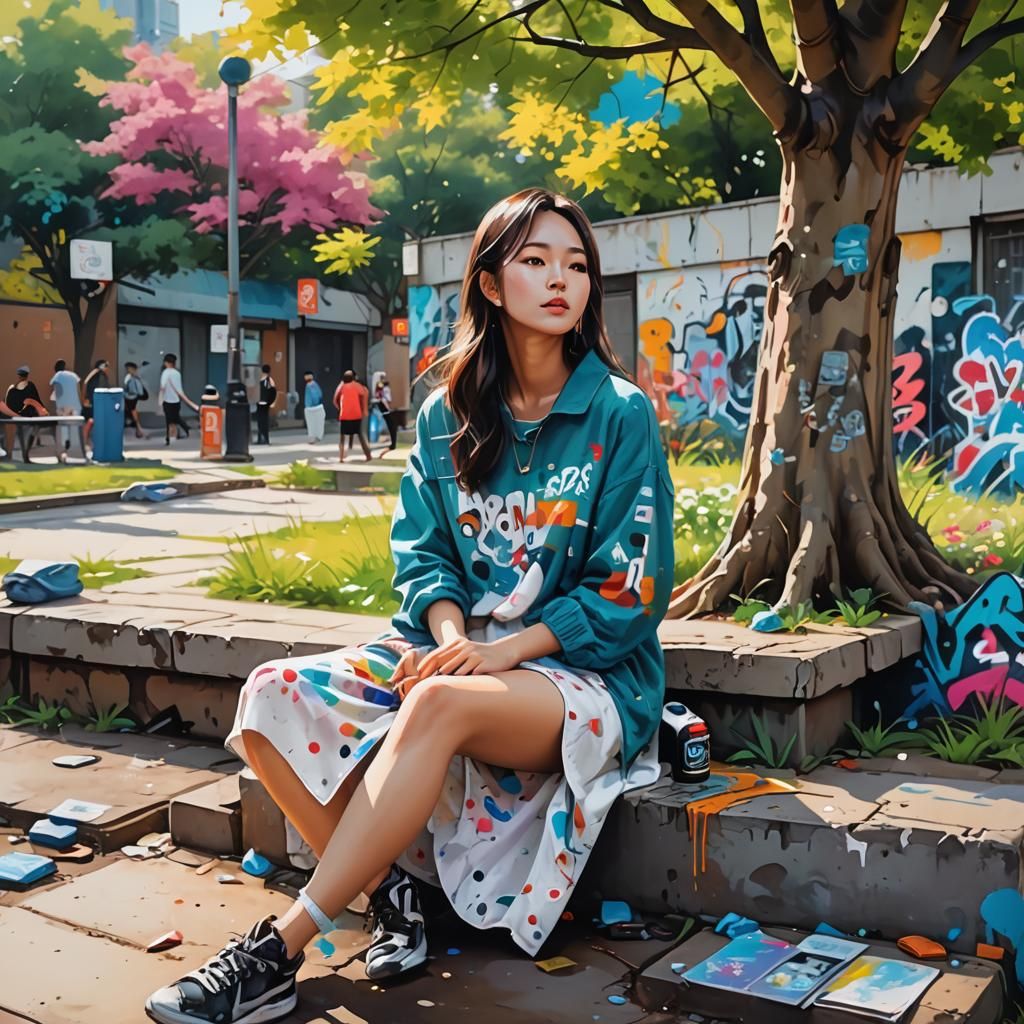 Korean Girl Relaxing in Park as Graffiti Art