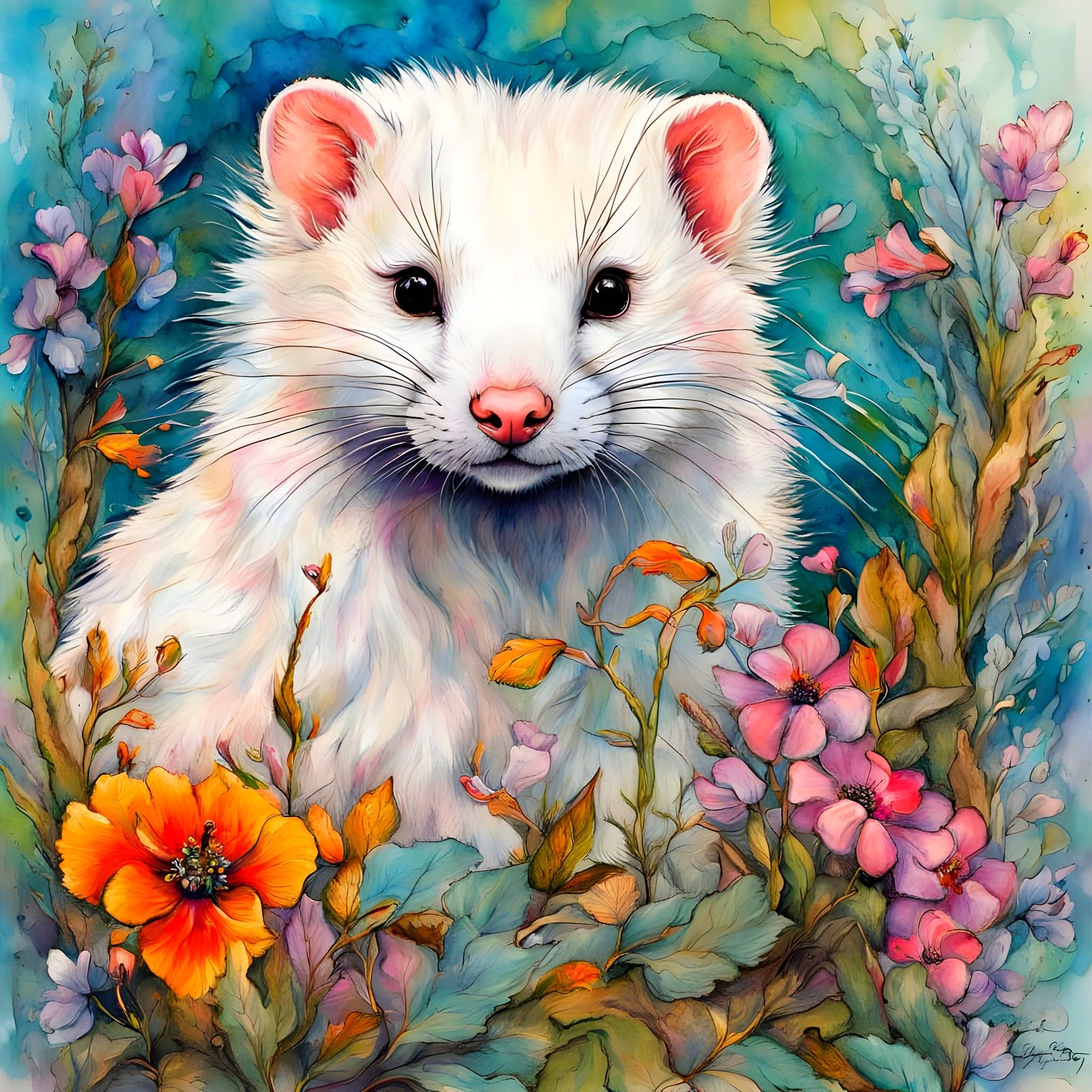 Charming White Mink in Storybook Naturalism