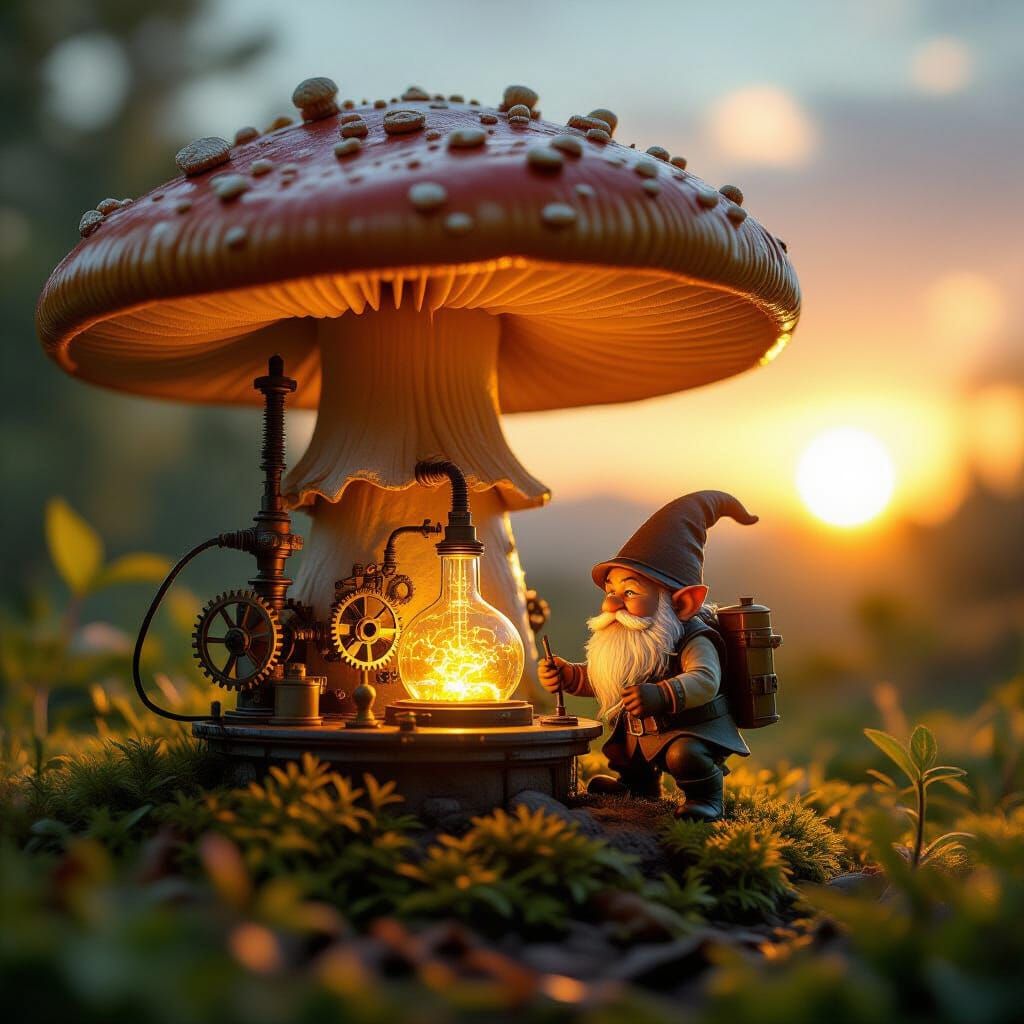Steampunk Gnome Scientist Lab on Giant Mushroom