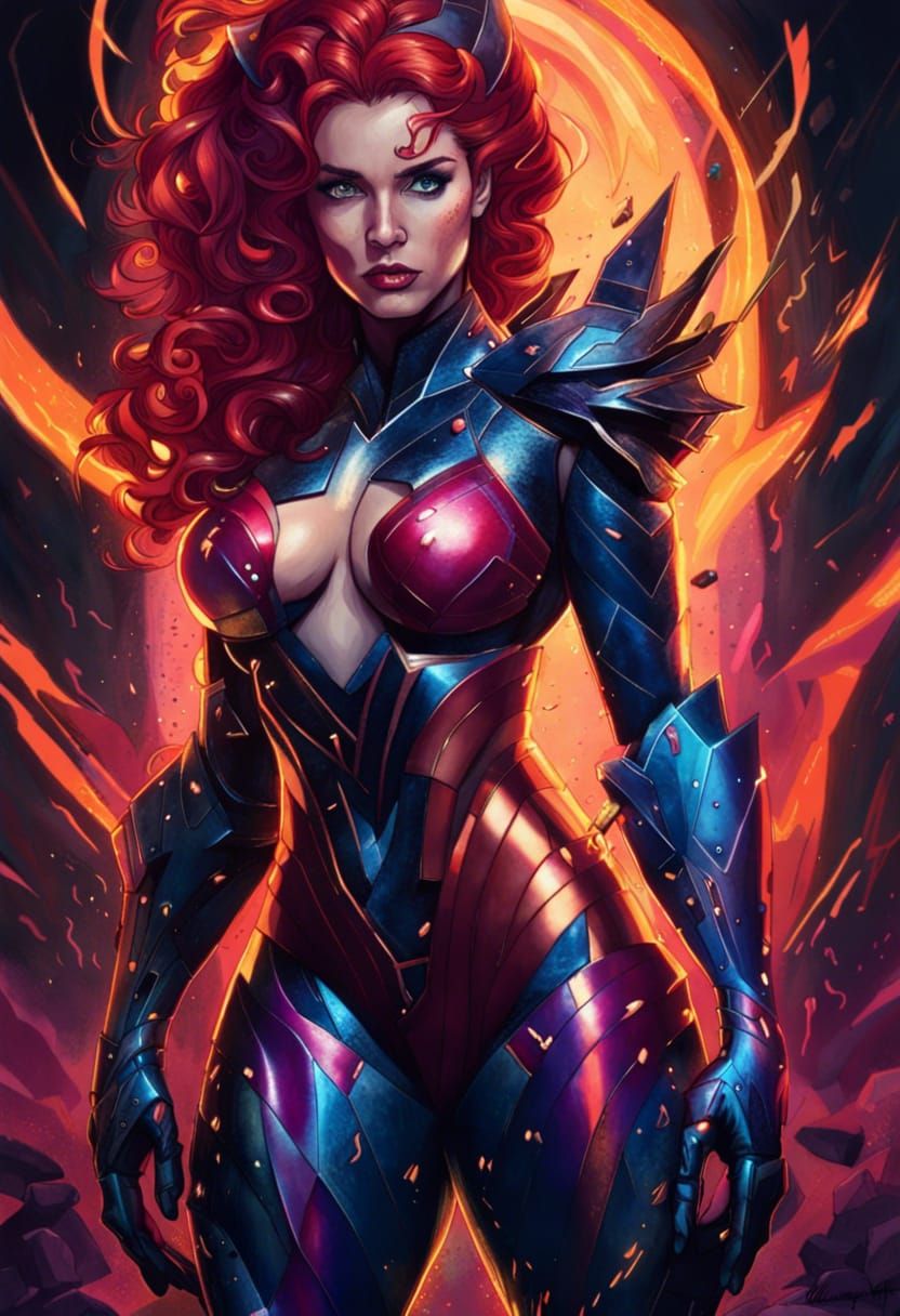 Armored Redhead Super Villain in Comic Pinup Style