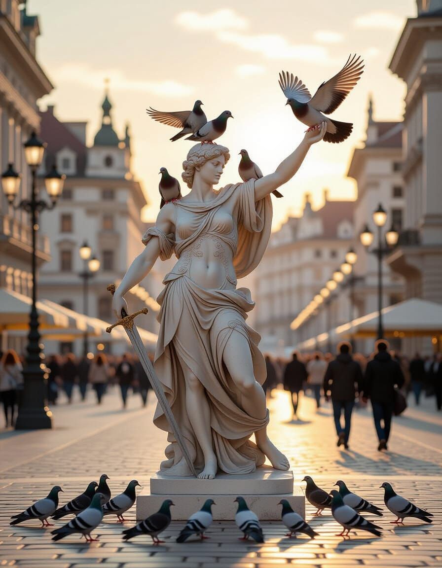Cinematic Digital Painting of Pigeon-Covered Statue in Europ...