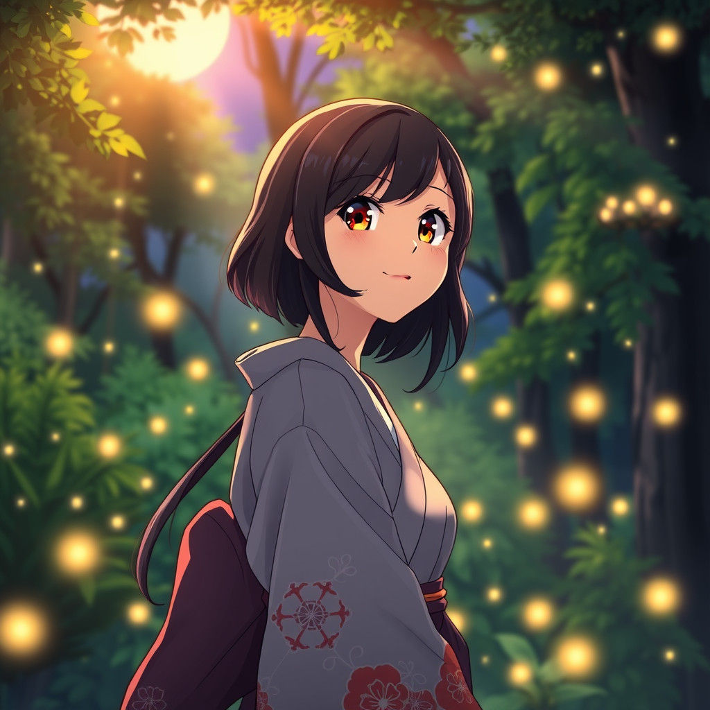 Japanese Summer Night with Fireflies, Anime Style