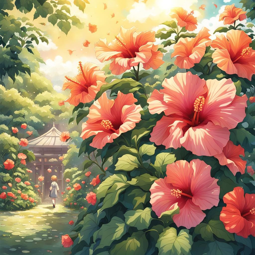 Hibiscus Flower in Anime Style Garden