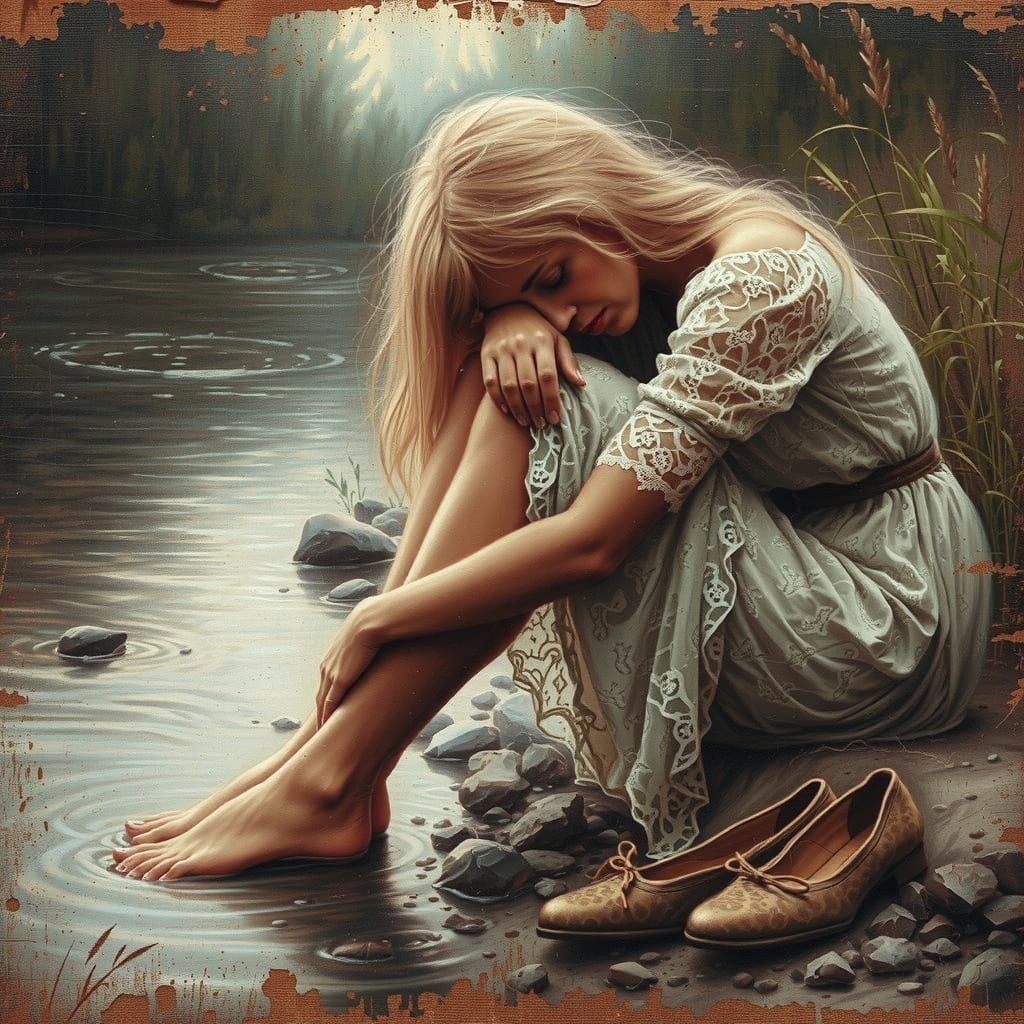Melancholic Riverbank Scene in a Vintage Oil Painting Style