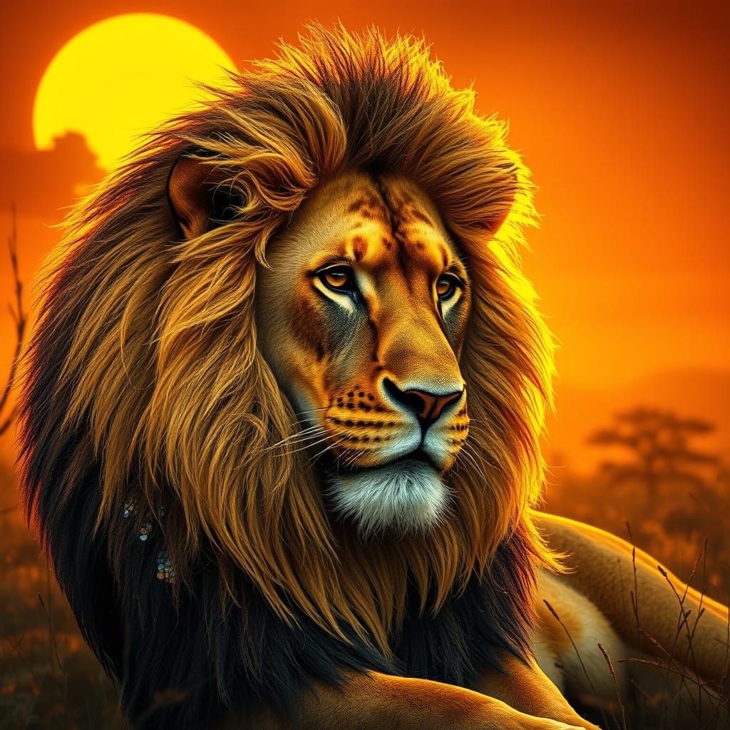 Sequin Lion in Golden Sunset: Art Deco Style