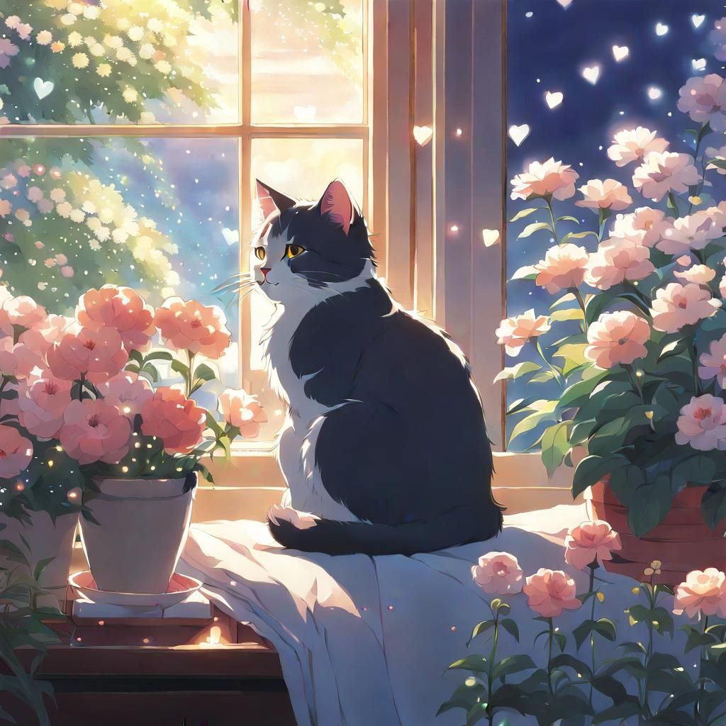 Cute Cat Surrounded by Flowers, Painterly Style