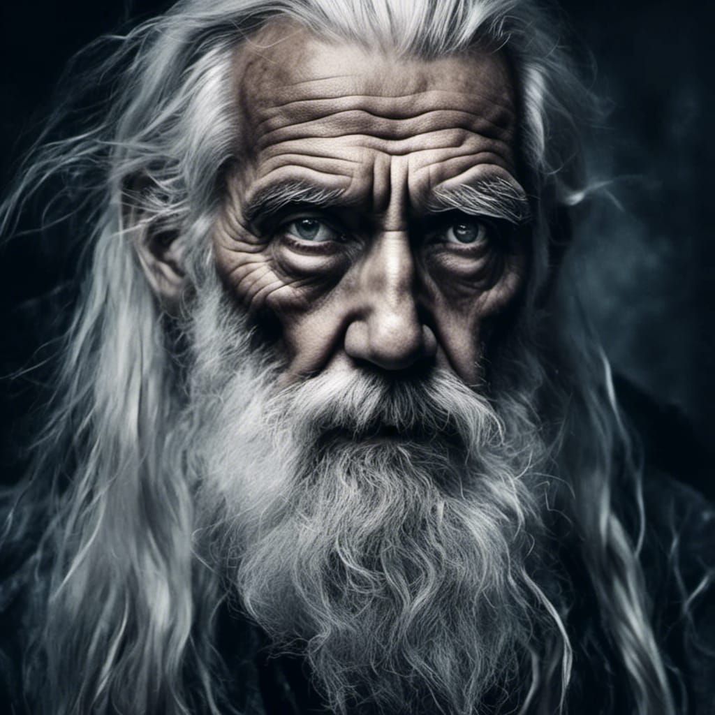 Dark Moody Portrait of Old Man with Beard