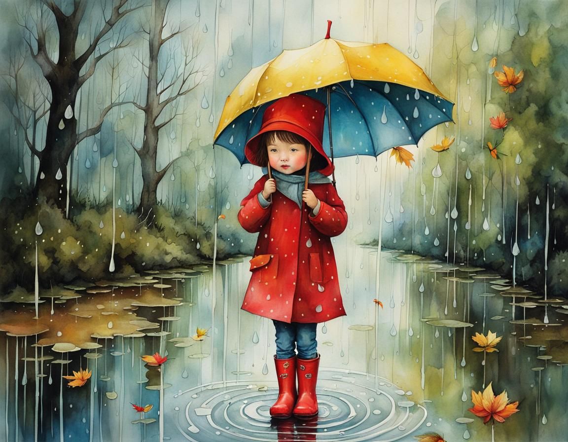 Magical Illustration of a Child Jumping in Puddles