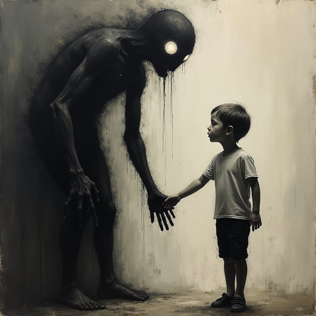 Distorted Figure Emerges from Darkness in a Haunting Black a...