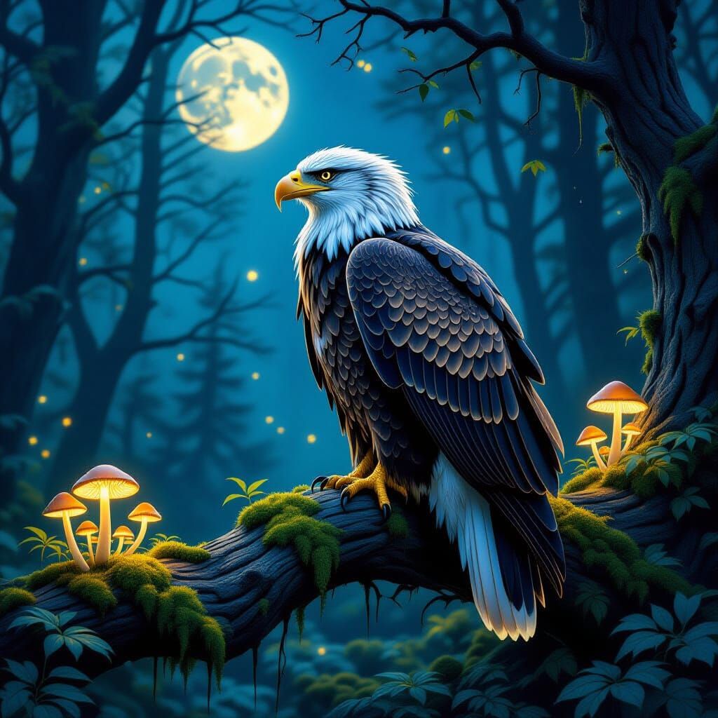 Majestic Eagle with Oak Bark Feathers in Moonlit Forest