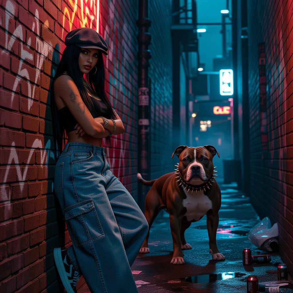 Fierce Woman and Pit Bull in Gritty Urban Alley