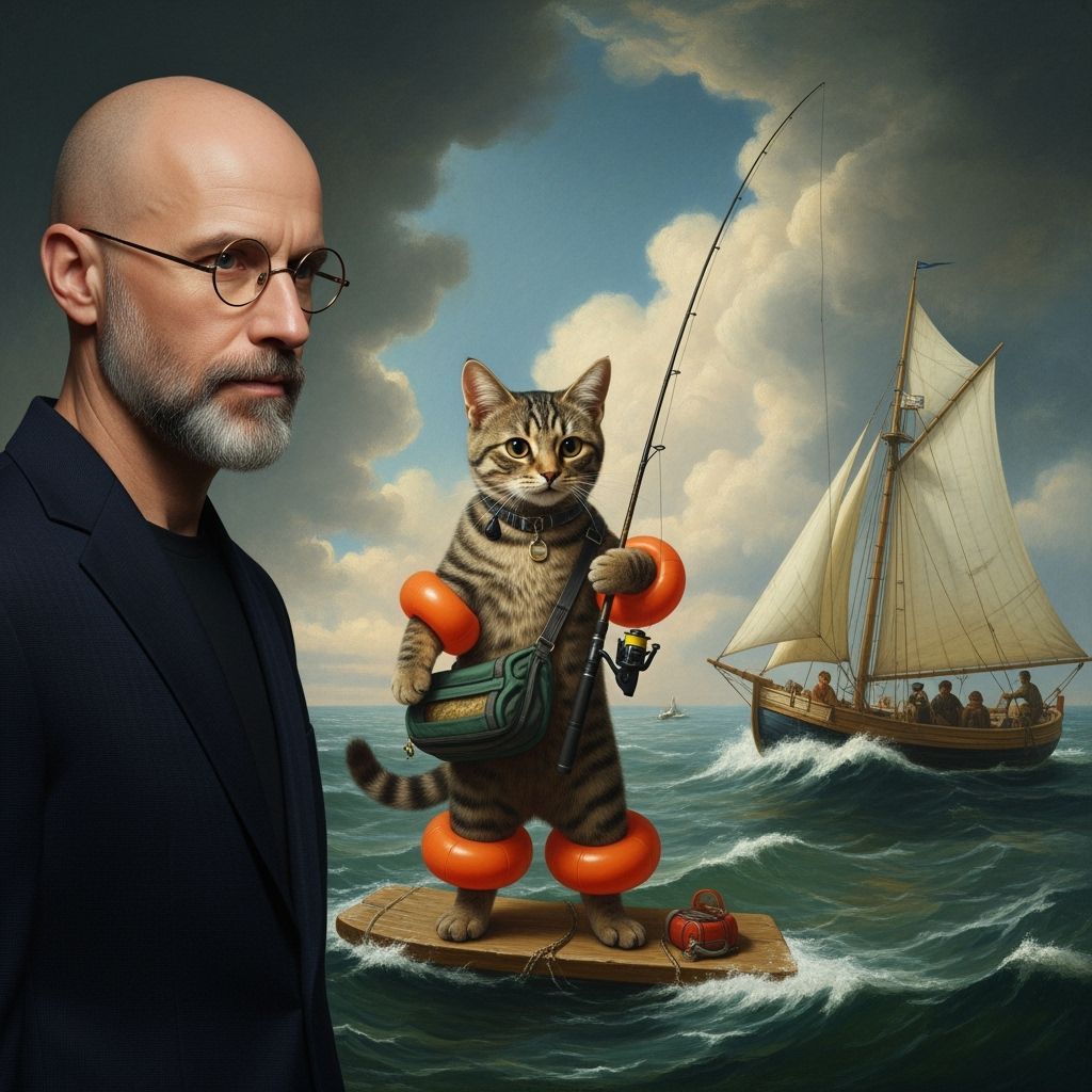 Anthropomorphic Cat Fishing, Renaissance Style