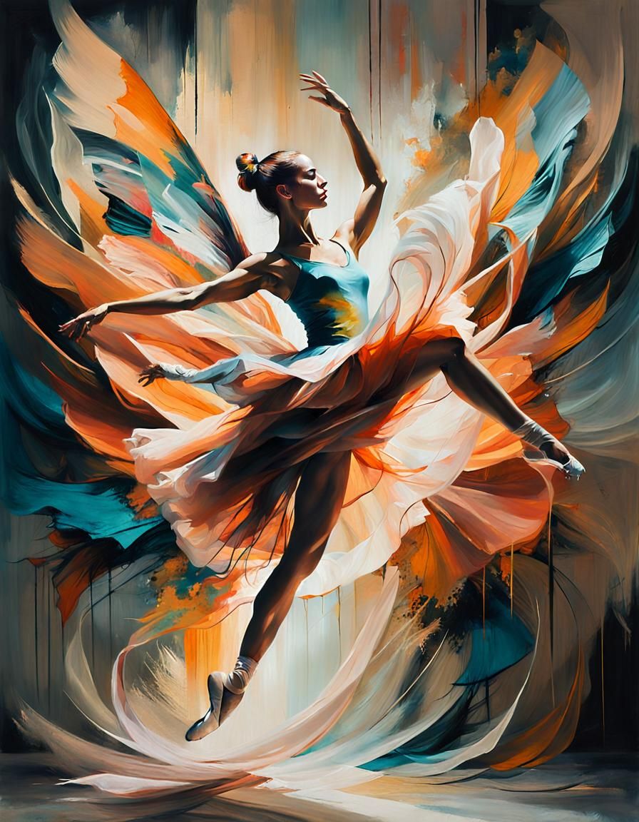 Winged Ballerina Leaping: Surreal Oil Painting in Vibrant Co...
